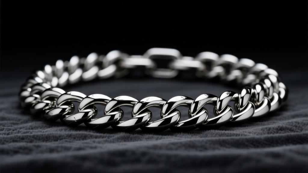 Close-up of a thick 10mm sterling silver Cuban link chain resting on dark charcoal velvet, catching dramatic studio lighting