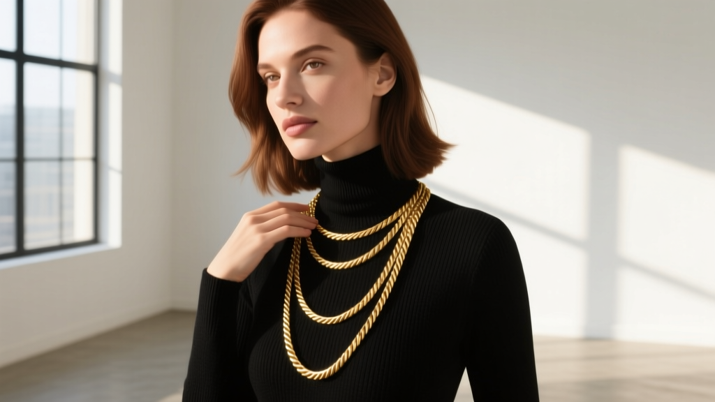 A woman wearing a delicate 1.5mm 14k gold-filled 36 inch rope necklace over a black turtleneck sweater in natural sunlight