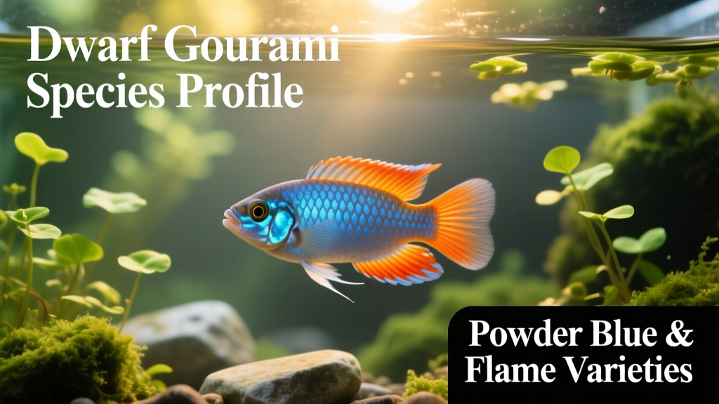A vibrant male dwarf gourami swimming near floating plants in a well-planted aquarium
