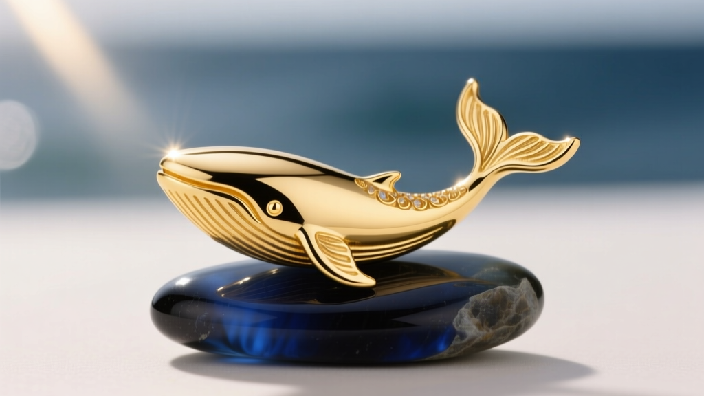 Close-up of a polished 14k yellow gold whale tail pendant resting on dark sea glass, illuminated by soft, warm natural sunlight