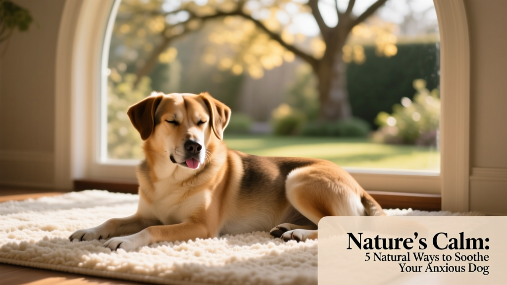 A calm dog resting peacefully on a soft rug beside a window with natural light