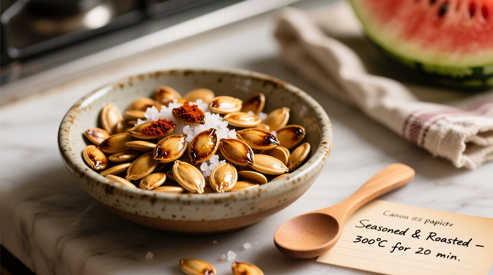 Roasted watermelon seeds in a bowl with seasoning