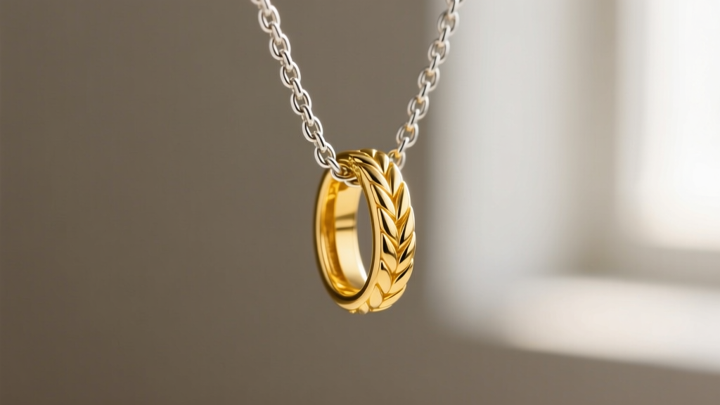 Macro photography of an 18k yellow gold pendant bail on a platinum wheat chain, highlighting color contrast and metal textures.