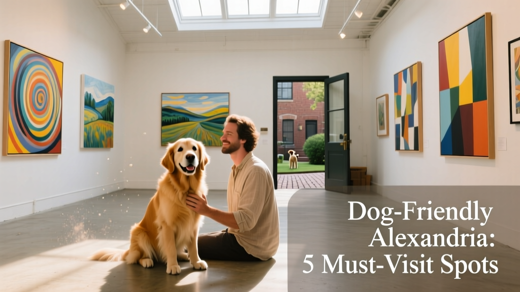 A dog sitting beside their owner inside a bright, airy art studio at the Torpedo Factory, surrounded by colorful paintings
