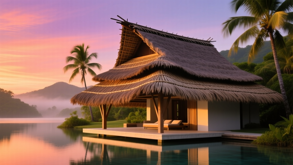 Architectural rendering of a luxury resort pavilion featuring a layered water reed thatch roof against a tropical sunset backdrop