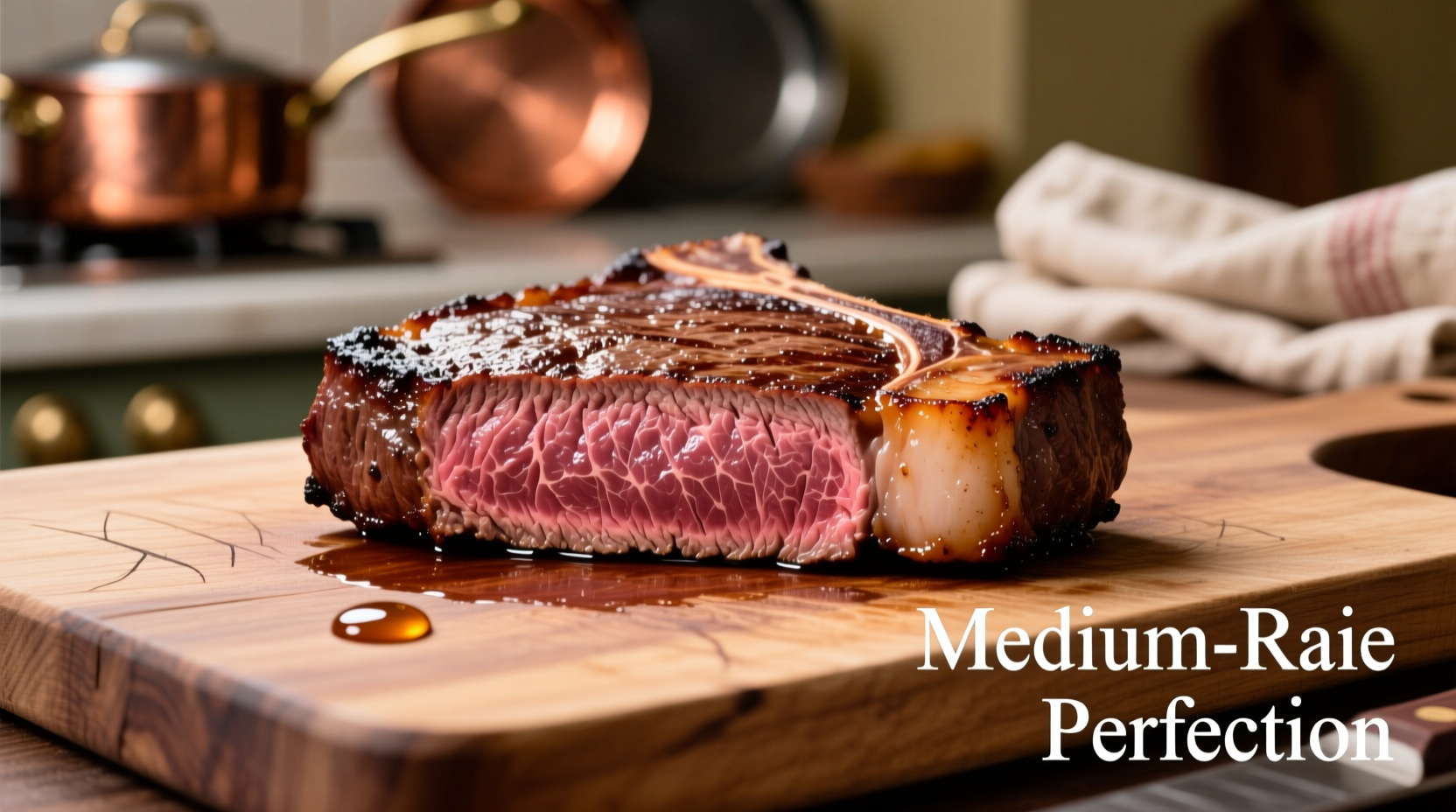 Perfectly cooked medium-rare steak on cutting board