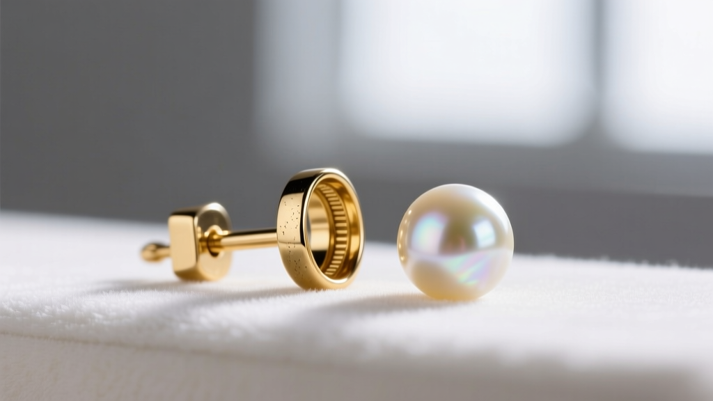 Macro shot of a 20-gauge 14k gold earring post and clutch next to a loose Akoya pearl, showing metal thickness