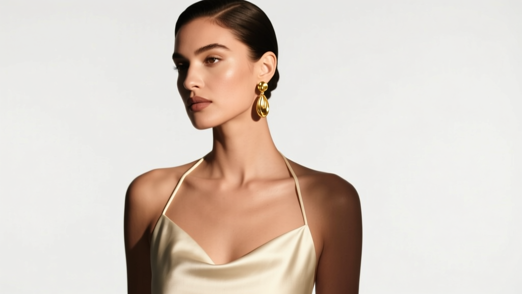 Woman in a halter dress wearing 18k gold drop earrings, showcasing the exposed collarbone and jawline under warm studio lighting.