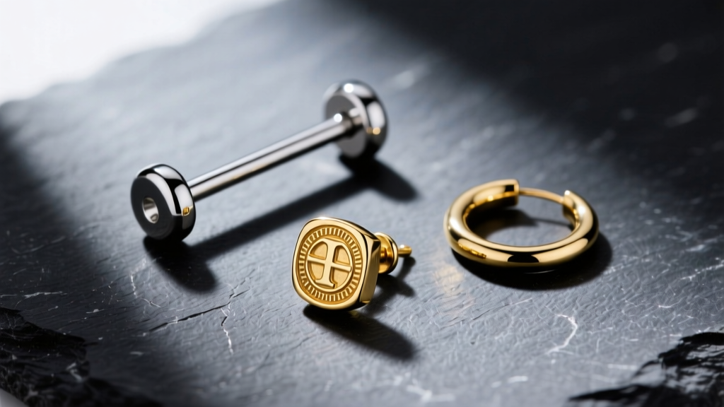 Flat lay of three single earrings on dark slate: titanium barbell, 14k gold signet stud, and a seamless hoop, top-down macro view