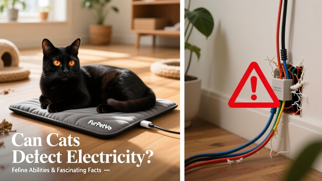 Side-by-side comparison: a cat calmly resting on a FurPetVo insulated charging pad versus a warning icon next to exposed wiring