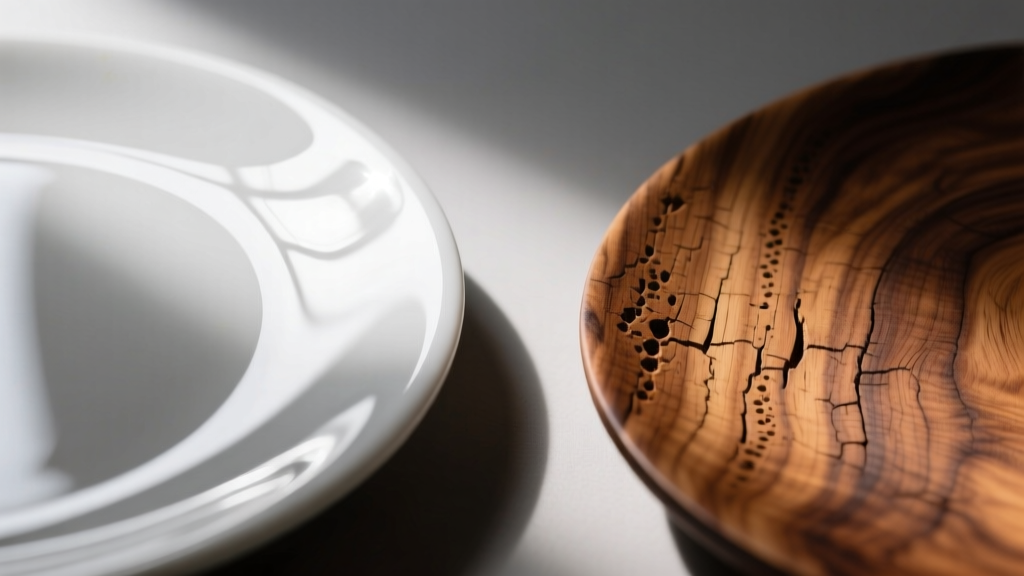 Macro shot comparing a glossy vitrified porcelain surface to a porous, unsealed walnut wood grain under bright, directional light.