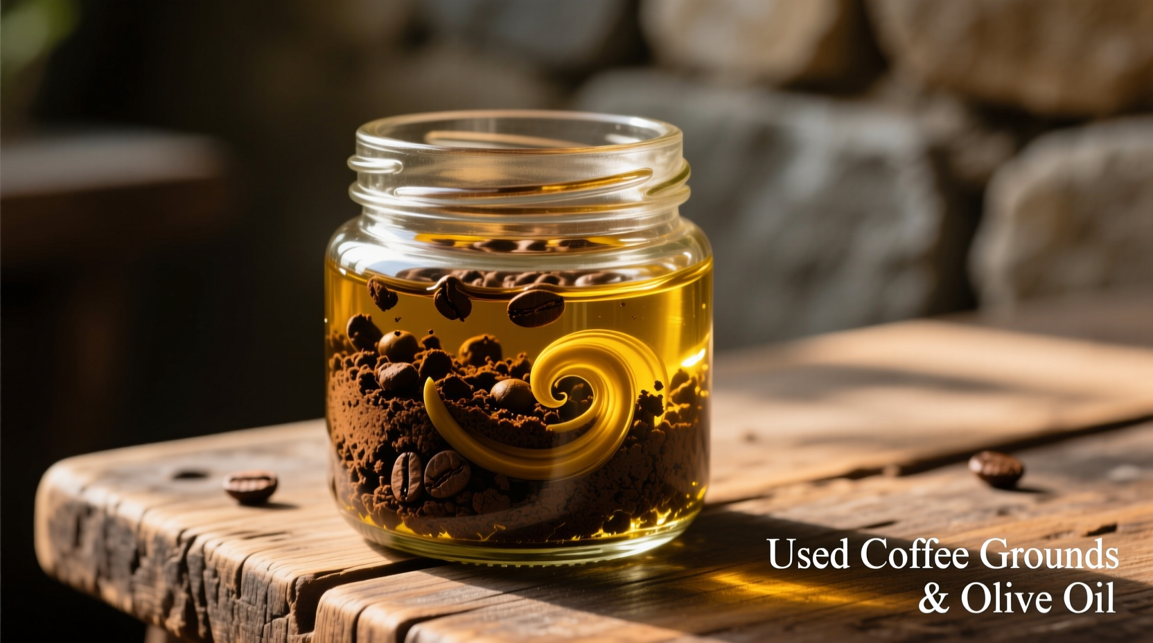 Used coffee grounds mixed with olive oil in jar