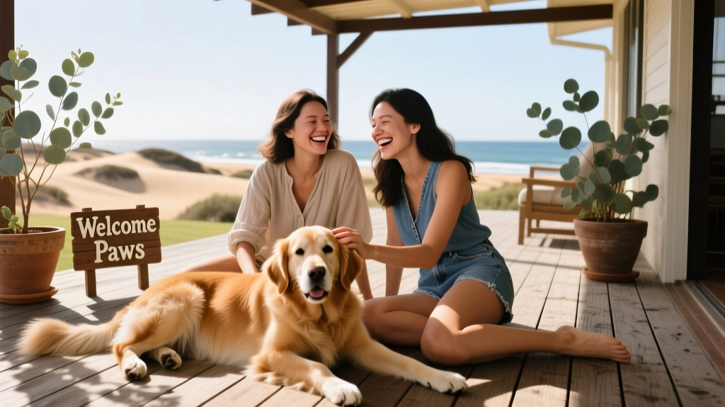 Two women and a dog sit on the floor of a dog-friendly patio.