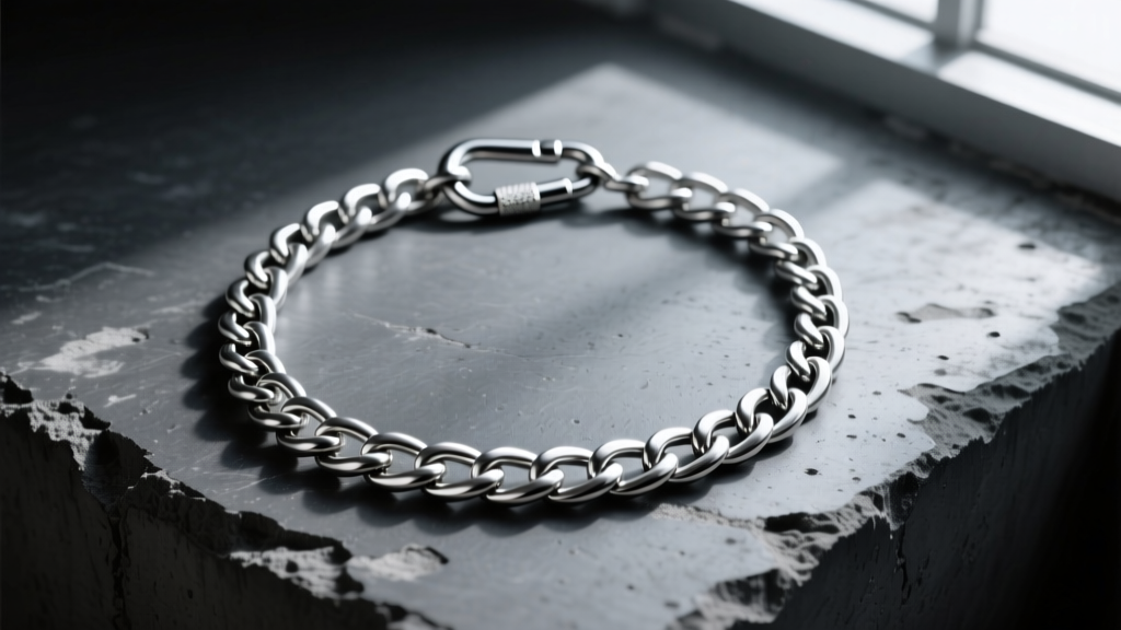 Flat lay of an authentic Off White necklace with a chunky sterling silver chain and industrial carabiner clasp on dark concrete
