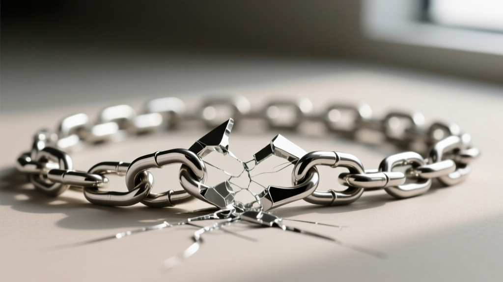 Macro shot of a broken sterling silver box chain showing crushed interlocking links and the exact point of structural failure.
