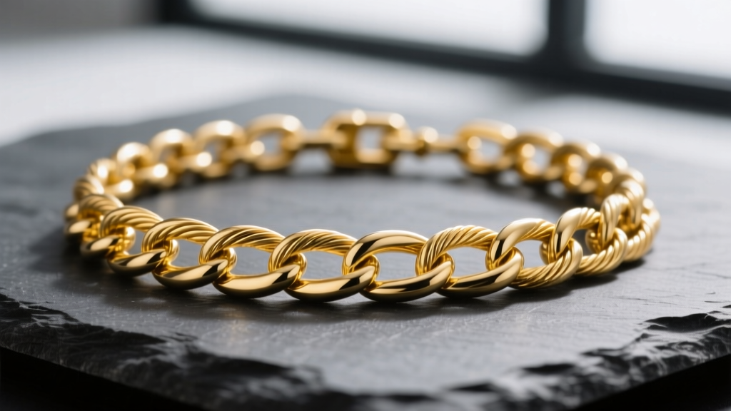 Close-up macro photography of a solid 14k yellow gold cable chain necklace resting on dark slate, highlighting seamless link welds.