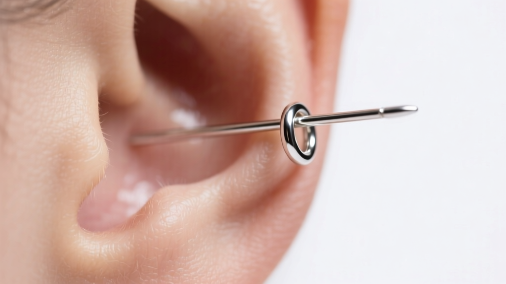 Close-up of a 22-gauge sterling silver threader earring wire gliding through an earlobe piercing under bright, soft studio light.