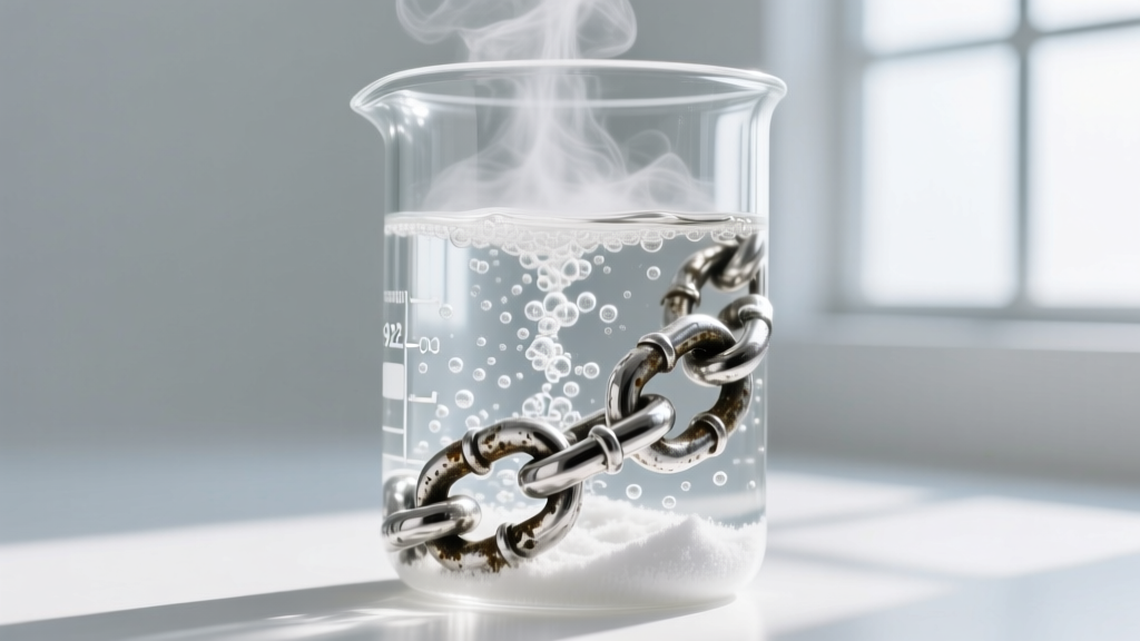 Close-up of heavily oxidized 925 sterling silver chain links submerged in a glass beaker of bubbling hot water and baking soda.