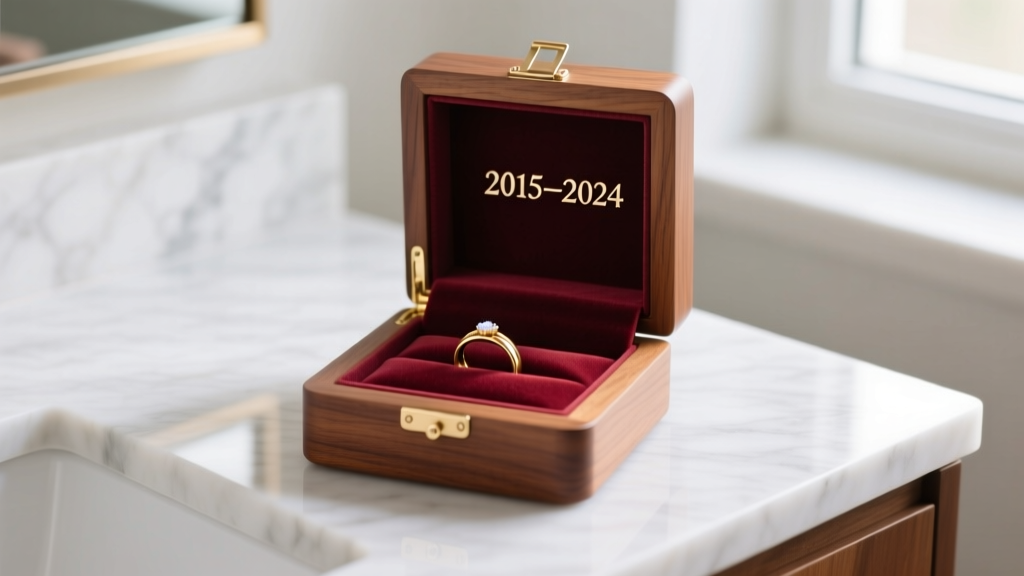 Open wood jewelry box on a marble vanity, showing a hidden ring compartment and a laser-engraved wedding anniversary date inside.