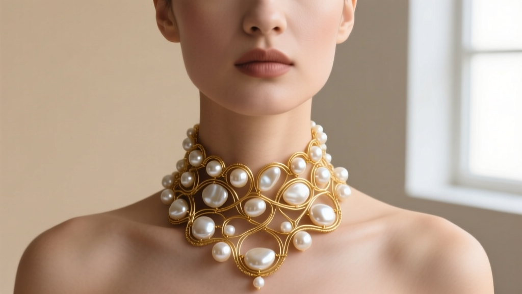 Model wearing an asymmetrical baroque keshi pearl choker with gold wire wrapping against a soft, minimalist beige studio backdrop