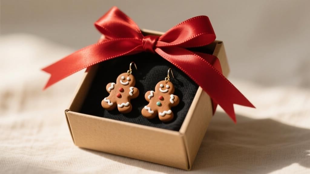 Small kraft gift box lined with black cotton holding miniature gingerbread clay earrings, tied with a festive red satin ribbon