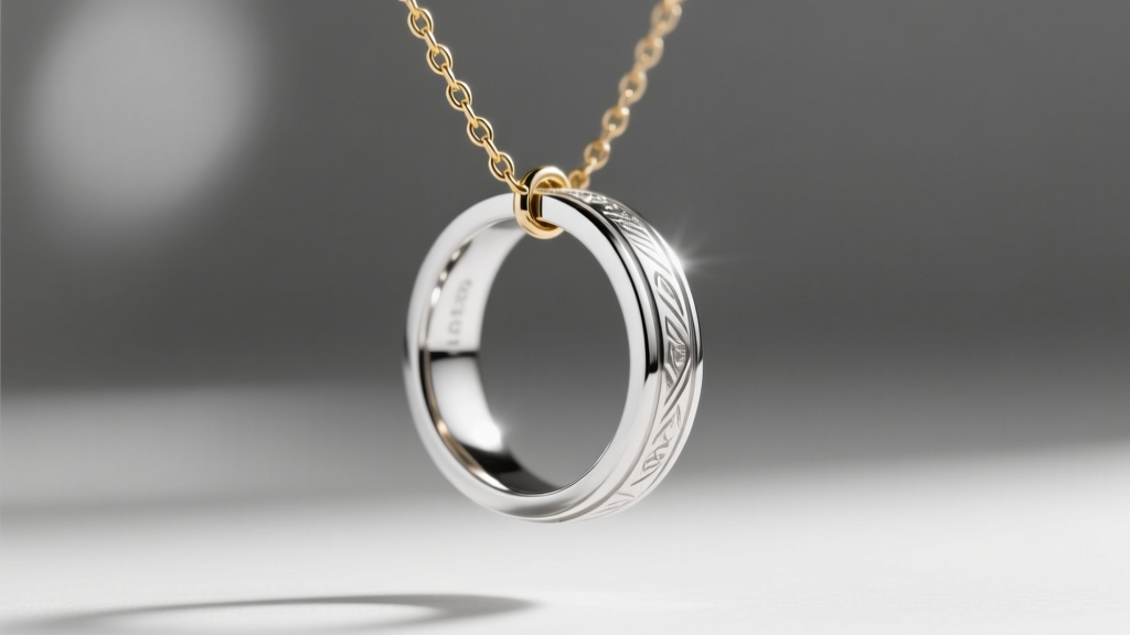 Heavy platinum wedding band hanging upside down on a thin gold chain showing poor center of gravity, against a blurred gray backdrop.