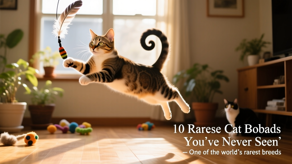 A Japanese Bobtail leaping playfully toward a dangling toy, tail curled mid-air