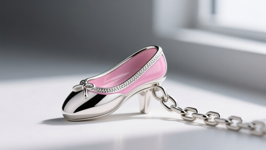 Close-up of a sterling silver pointe shoe charm with pink cold enamel on the vamp, resting against a polished silver box chain link.
