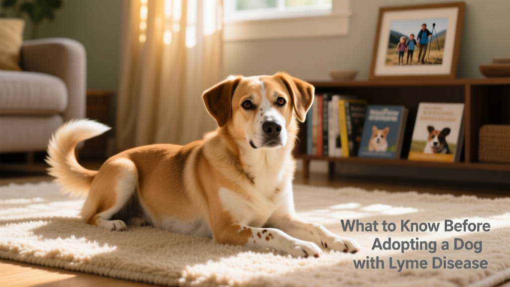 A gentle close-up of a calm, healthy-looking mixed-breed dog resting on a sunlit rug
