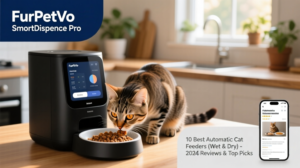 Cat eating from a FurPetVo SmartDispense Pro feeder with visible portion cup and touchscreen interface