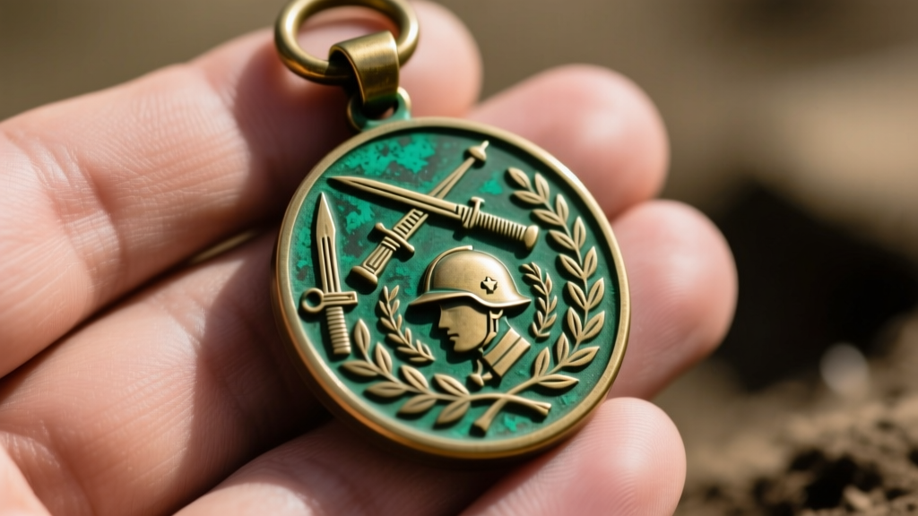 Detailed view of a hand-engraved WW1 trench art brass pendant showing deep green patina and original cartridge rim.