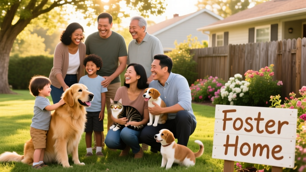 A diverse group of foster families — including adults and children — posing happily with dogs and cats in a sunny backyard