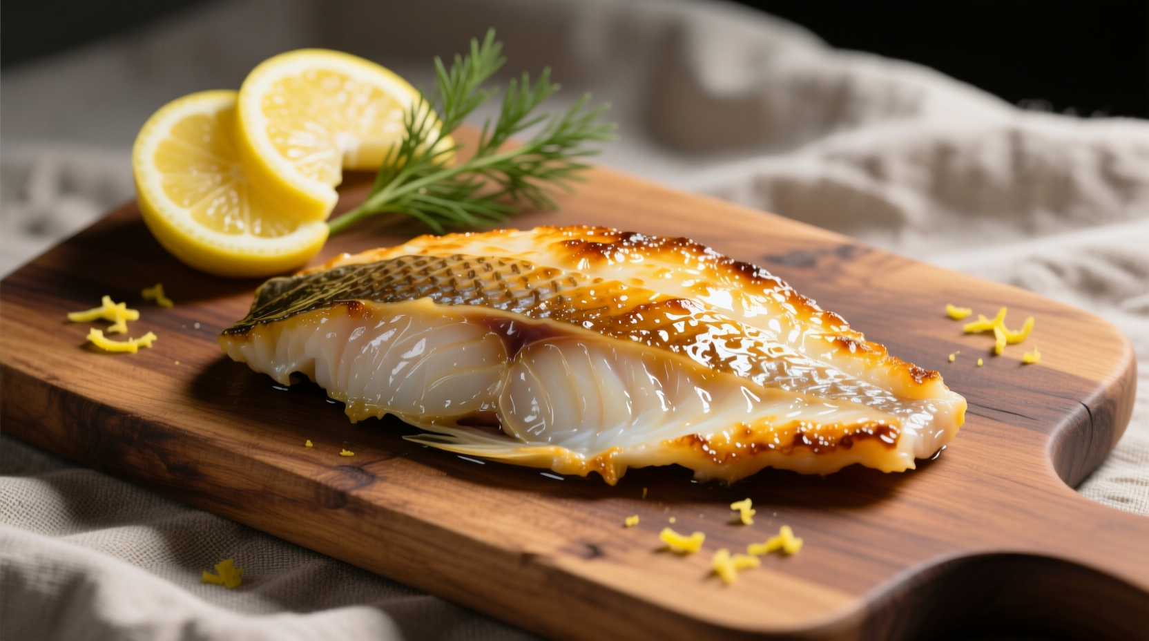 Perfectly cooked haddock fillet with lemon garnish