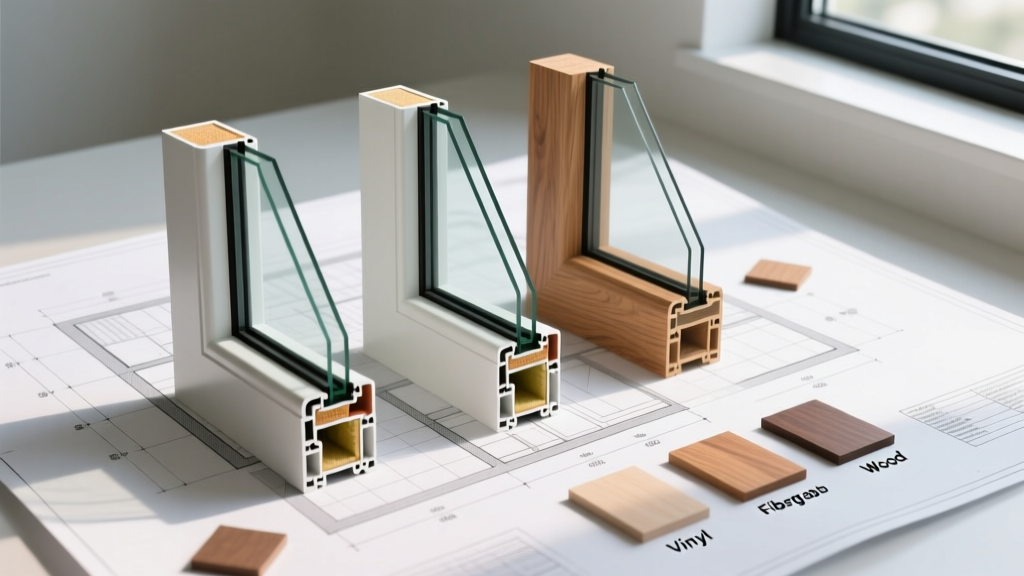 Cross-section display of vinyl, fiberglass, and wood window frames on a modern architectural blueprint with material samples scattered nearby