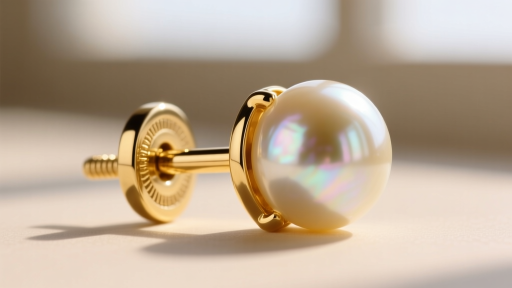 Macro shot of an 18-gauge solid 14k yellow gold earring post with a secure La Pousette locking clutch backing and a heavy pearl.