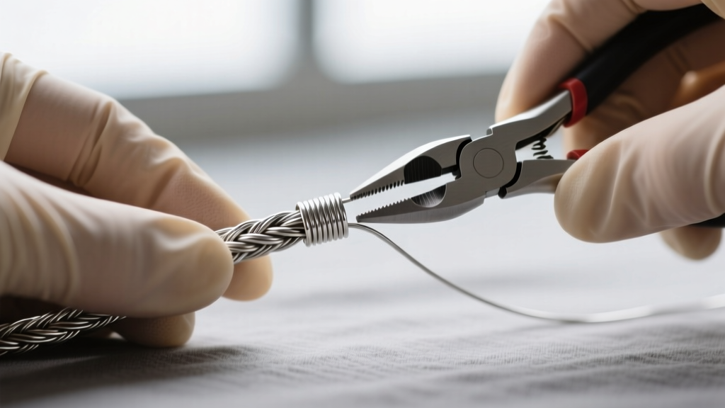 Macro shot of hands using micro-crimping pliers to secure a 2x2mm sterling silver crimp tube on 49-strand steel beading wire.