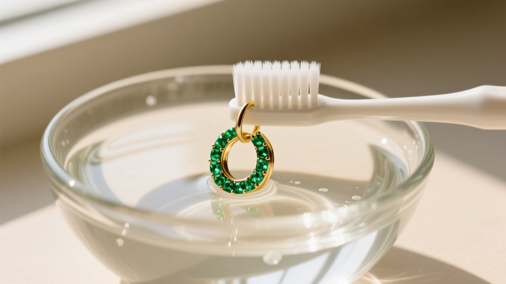 Soft bristle toothbrush gently cleaning a pave emerald huggie earring in a shallow glass bowl of lukewarm soapy water, bright lighting.