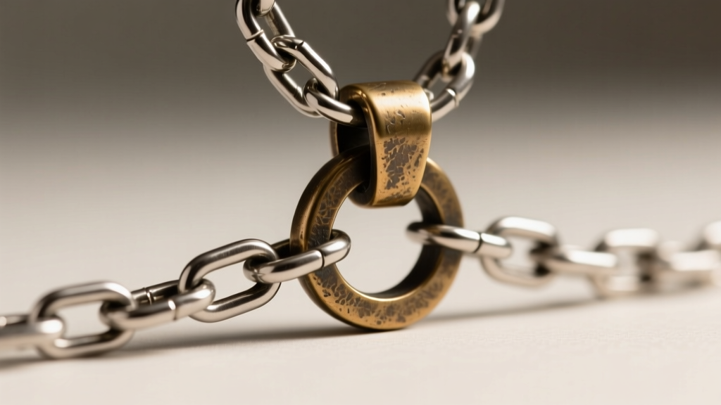 Side-profile of a 3mm stainless steel Figaro chain threading through a heavy cast bronze pendant bail, highlighting clearance.