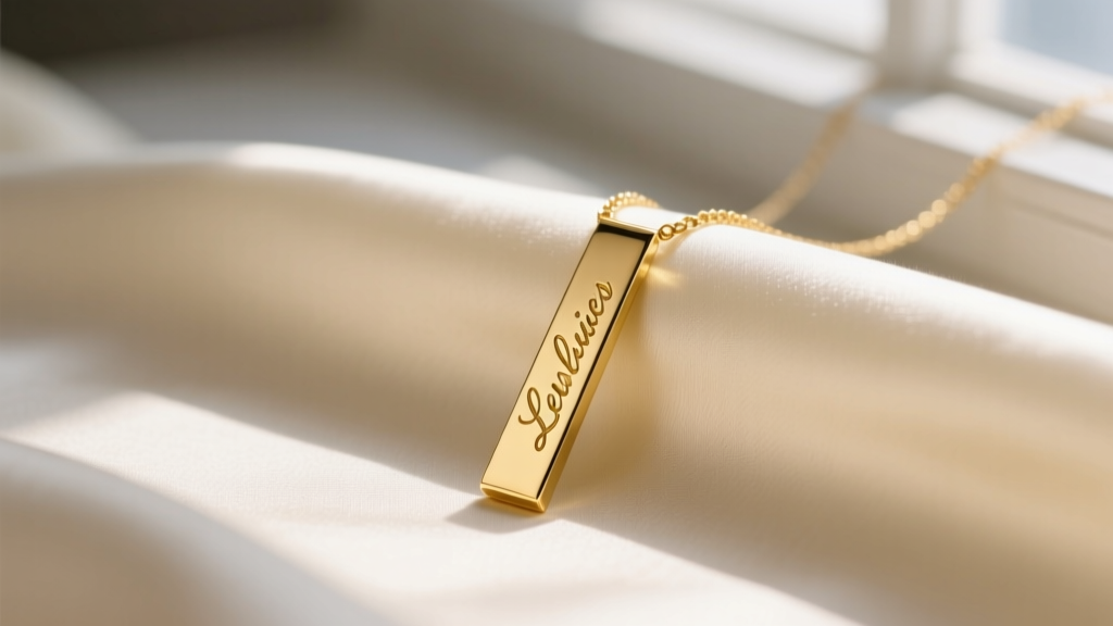 Close-up of a 14k yellow gold vertical bar necklace on cream silk, soft morning light highlighting delicate engraved cursive script.