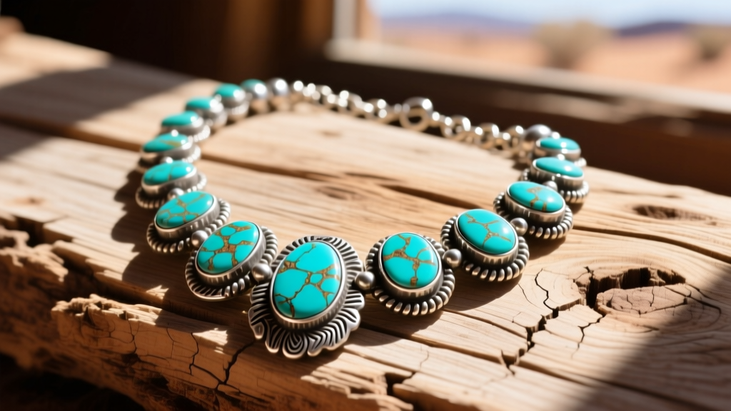 Close-up of a vintage Native American sterling silver and Royston turquoise squash blossom necklace resting on weathered desert wood