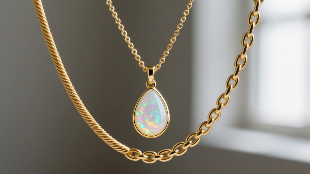 Macro shot comparing a 1.2mm gold vermeil cable chain and a 1.5mm rolo chain holding a glowing milky opalite teardrop