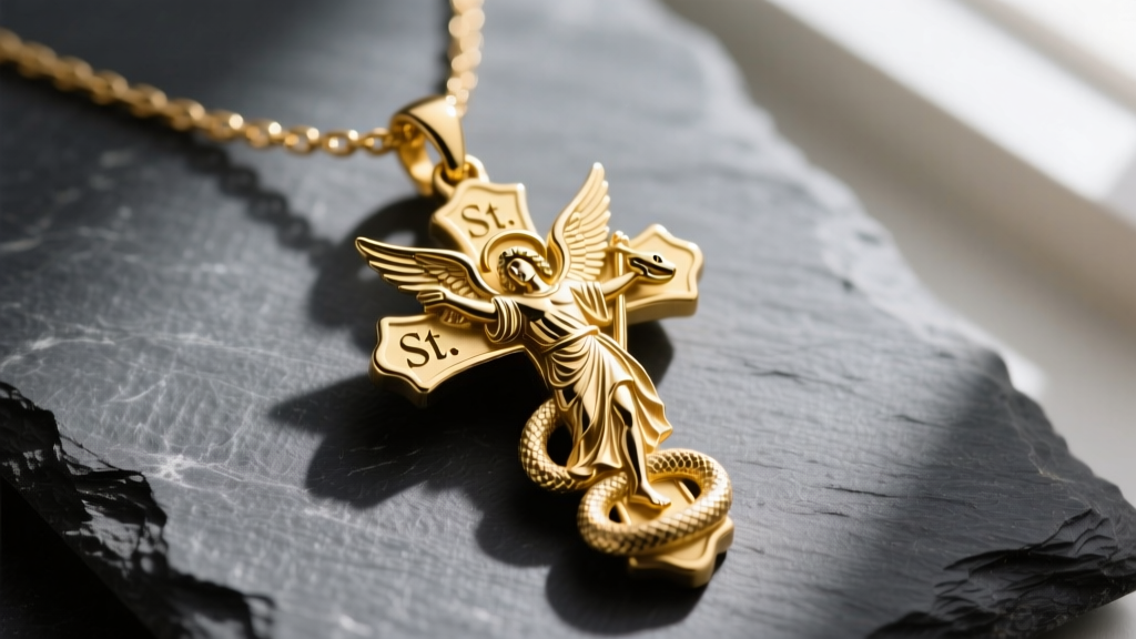 Close-up of a solid 14k yellow gold St Michael cross necklace on dark slate, highlighting the engraved angel and serpent details.