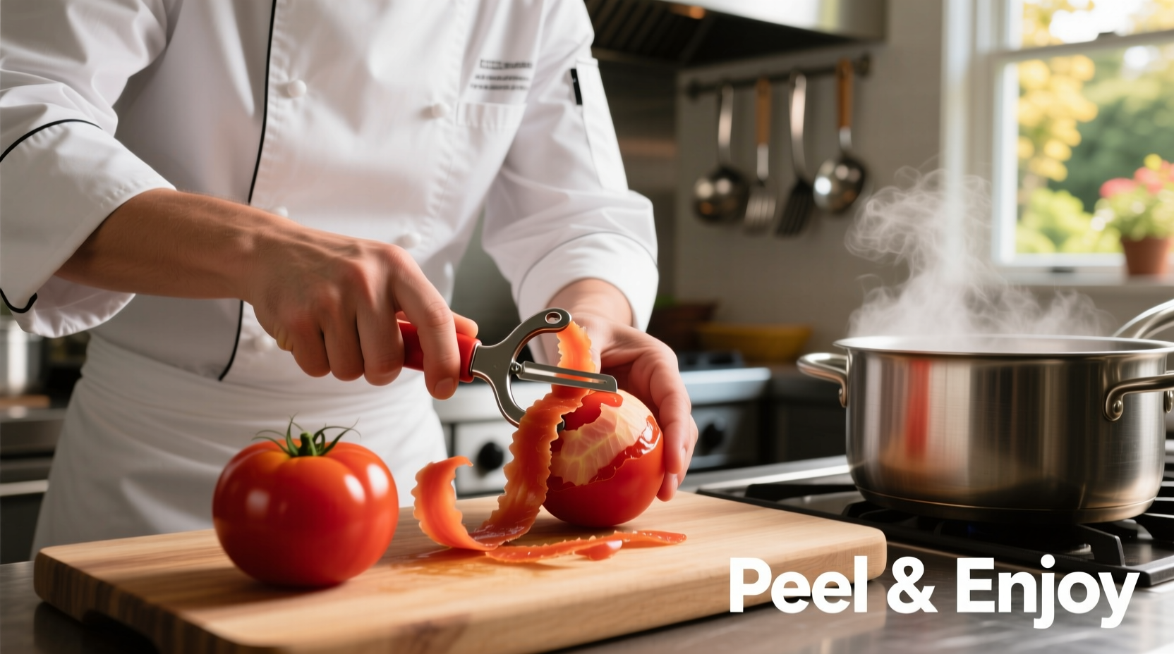Chef demonstrating proper tomato peeler technique with ripe Roma tomatoes