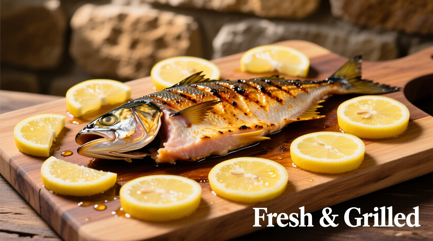 Perfectly grilled mahi-mahi fillet with lemon slices