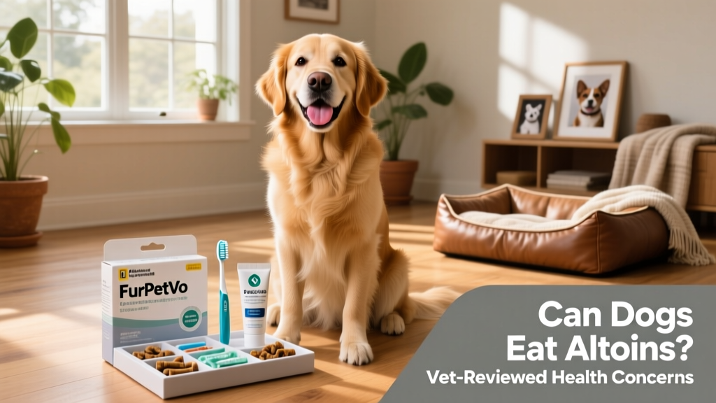 Happy dog sitting beside a FurPetVo dental care kit with toothbrush, toothpaste, and chews laid out neatly