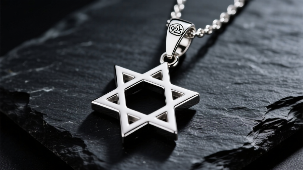 A 925 sterling silver Star of David pendant on dark slate, showing crisp edges and a hallmark stamp engraved on the bail.