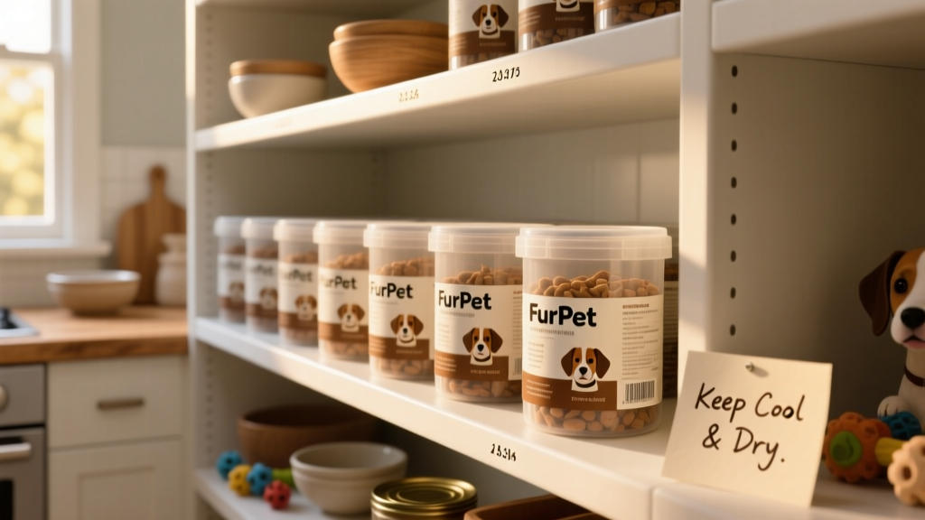 Neat pantry shelf with labeled FurPetVo dog food containers stored away from sunlight and heat sources