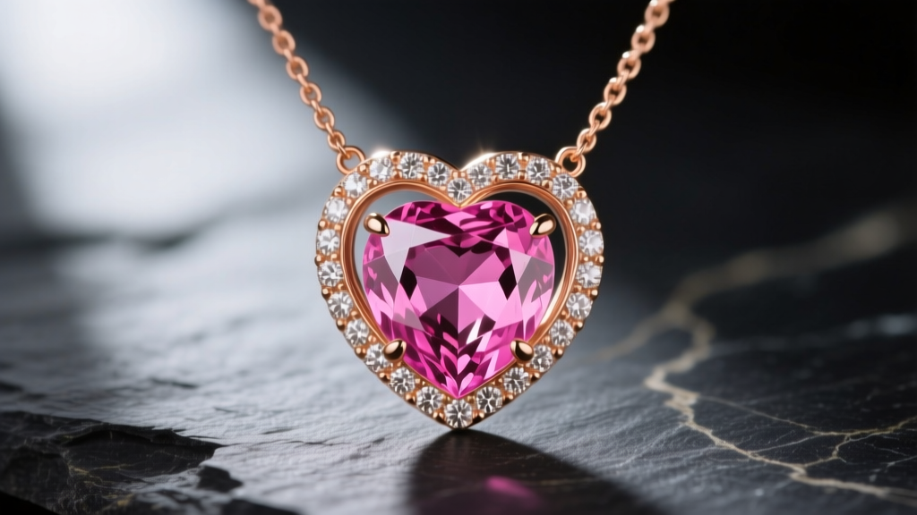 Macro shot of a 14k rose gold heart necklace with a vivid pink sapphire center stone and diamond halo on dark slate