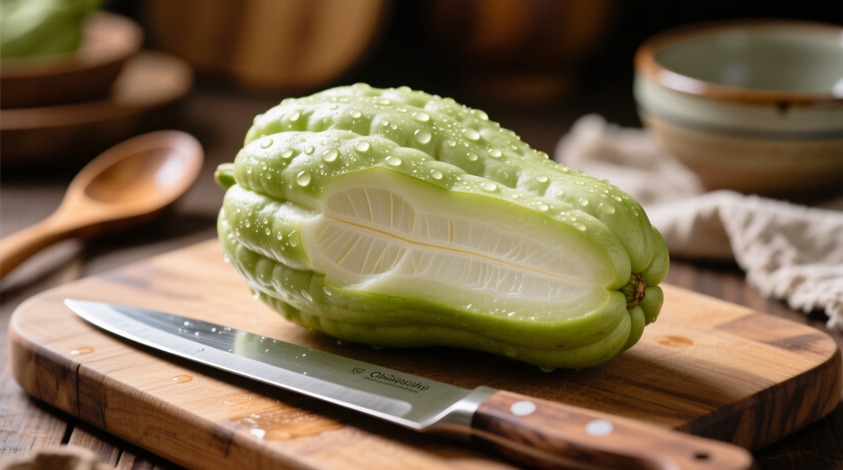 Freshly peeled chayote squash on cutting board