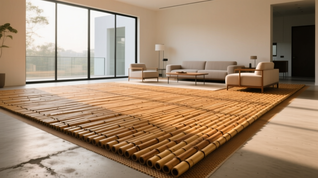 Strand-woven bamboo flooring planks installed over low-VOC acoustic underlayment on a concrete subfloor in a bright modern living room
